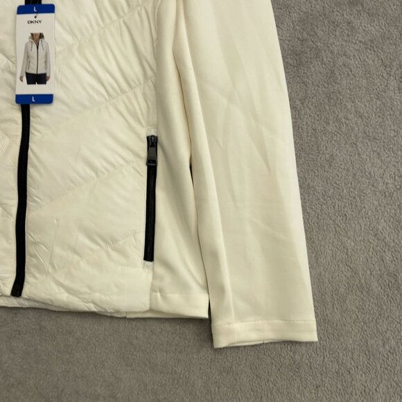 DKNY Women's L Hooded Quilted Jacket With Black Zipper Pockets Ivory i1712 - Picture 9 of 10